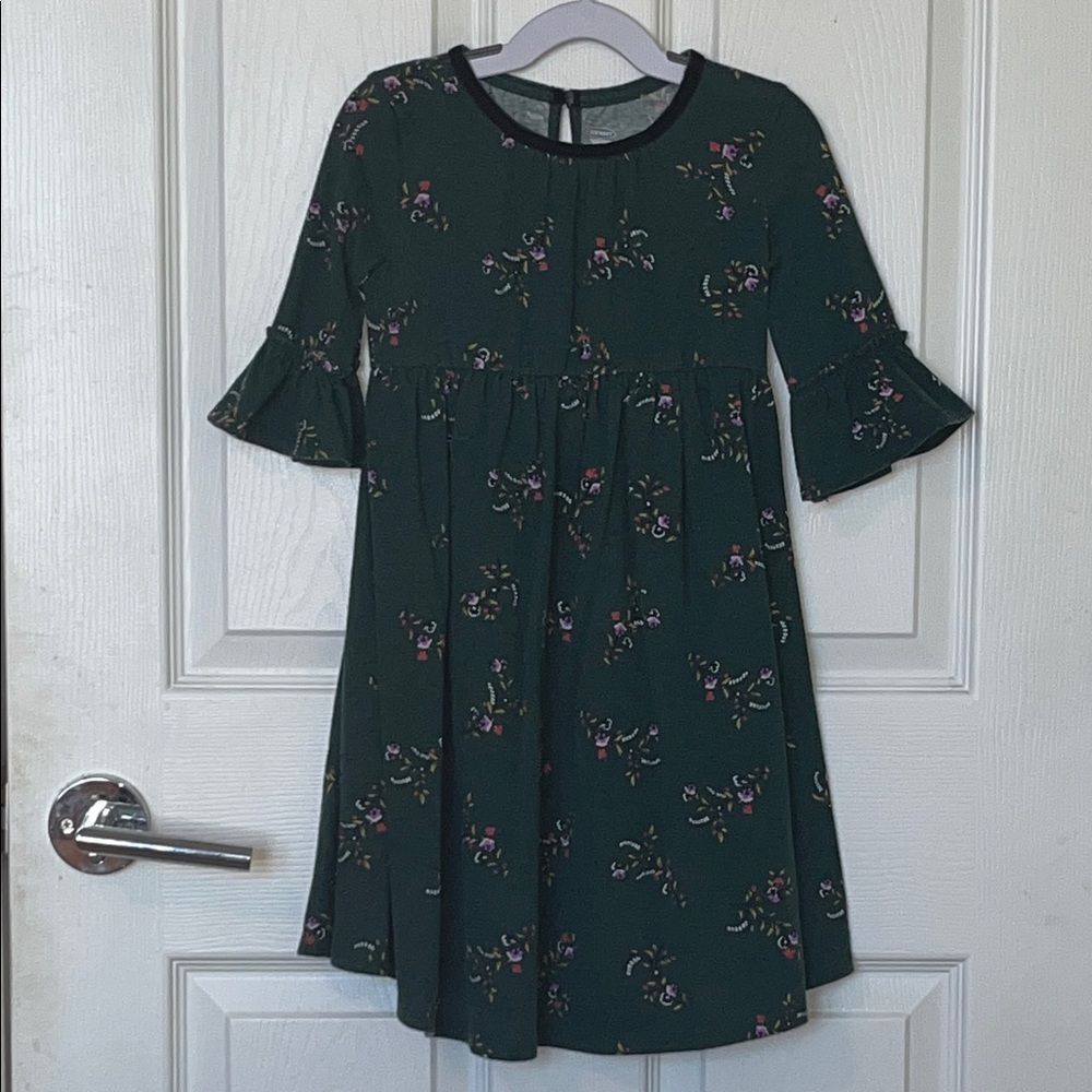 Old Navy 4T Girls Floral Dress with velvet trim collar, Green, Fall, Autumn